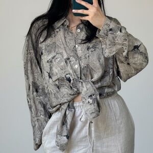 🎨 Vintage Oversized Relaxed Abstract Sketch Print Button Down 🎨